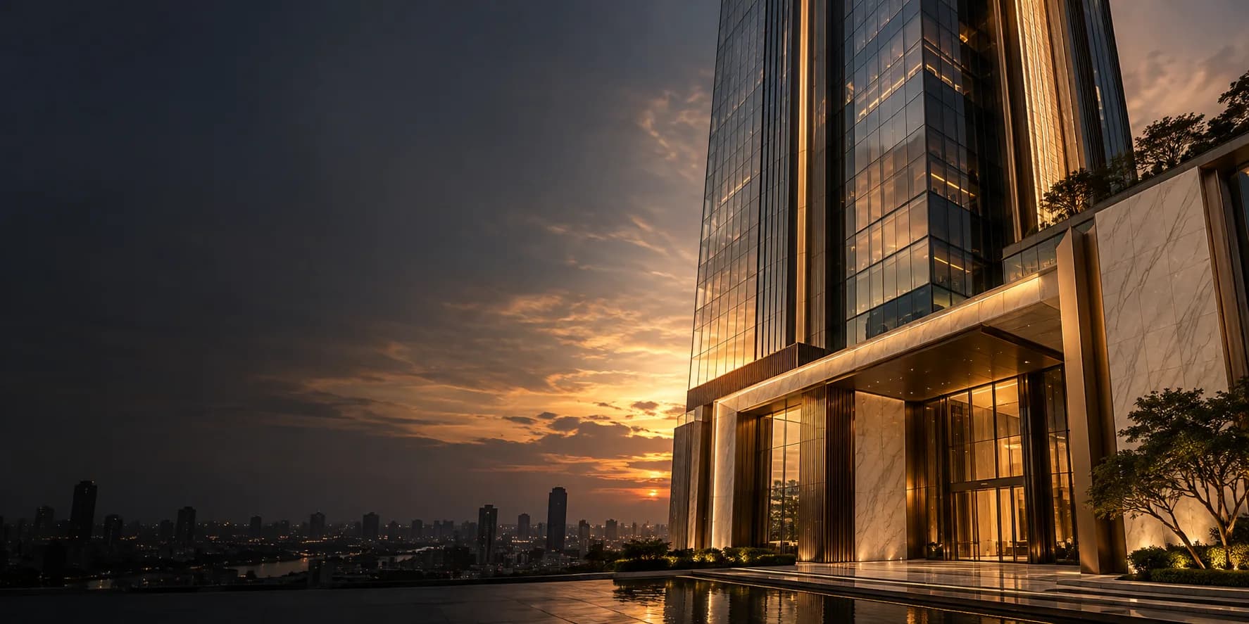 อาคารสถาปัตยกรรมกระจกและบรอนซ์ร่วมสมัยในแสงยามเย็น