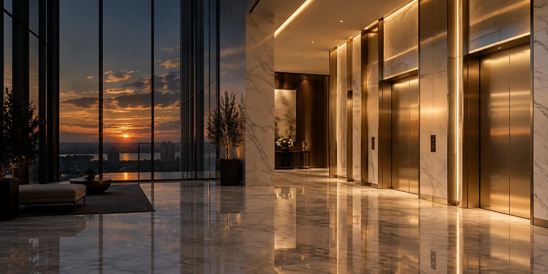 โถงลิฟต์หินอ่อนพร้อมประตูลิฟต์สีทองแชมเปญในแสงยามเย็น